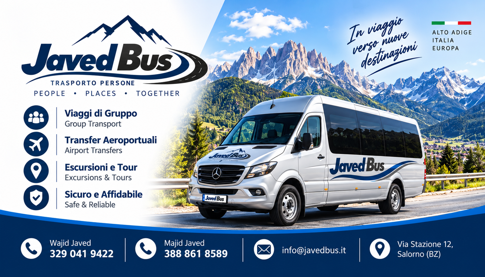 Javed Bus minibus in an Alpine landscape